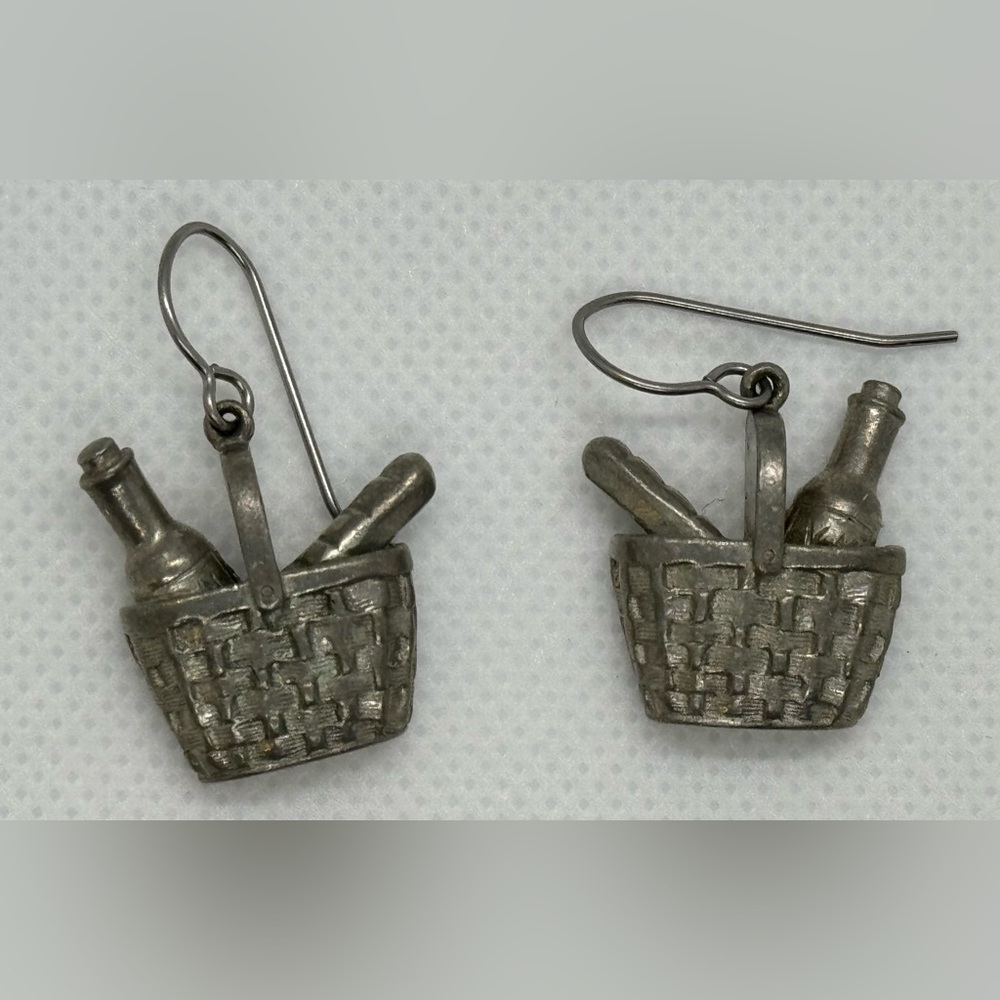 Pewter Picnic Basket Earrings, 1 ¼”x ⅞”